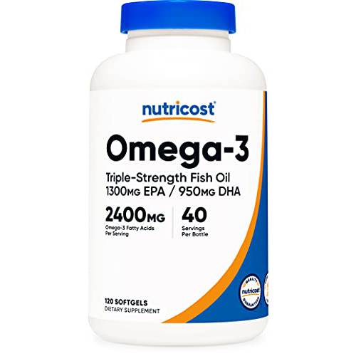 Nutricost Omega 3 Fish Oil - 2400MG, 120 Softgels (40 Serv) - Triple-Strength Fish Oil, Wild Caught 1300mg EPA 950mg DHA - Non-GMO, Gluten Free