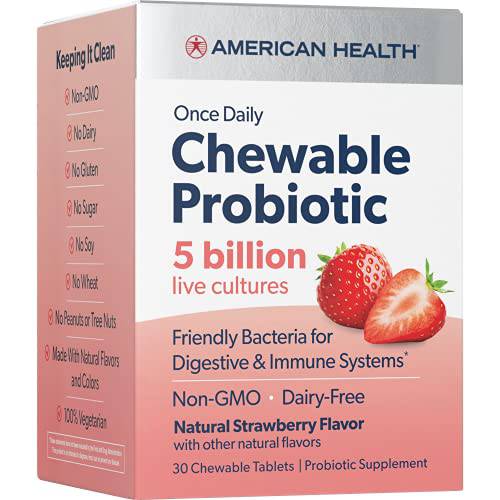 American Health Probiotic Chewable, Strawberry - Daily Chewable Tablet - 5 Billion Live Cultures, Beneficial Bacteria for The Digestive & Immune Systems - 30 Chewable Tablets, 30 Servings
