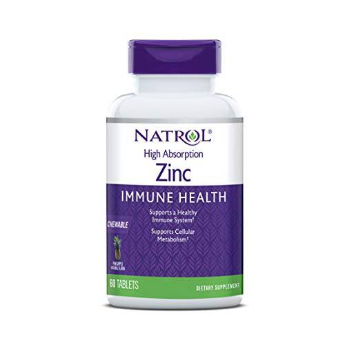 Natrol High Absorption Zinc, Supports Immune Health and Cellular Metabolism with AbsorbSmart™ Technology, Pineapple Flavor, Chewable Tablets, 60 Count