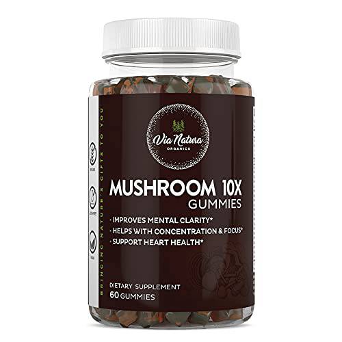 Via Natura Organics Mushroom 10X Gummies | Dietary Supplement | Improves Mental Clarity | Helps with Concentration & Focus | 60 Gummies