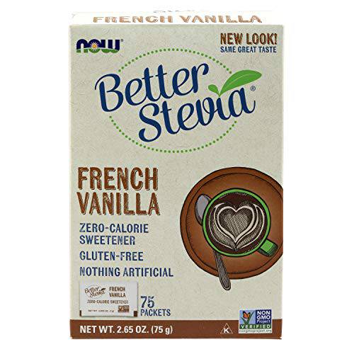 NOW Foods, BetterStevia, French Vanilla, Zero-Calorie Sweetener, Gluten-Free, Certified Non-GMO, 75 Packets/Box