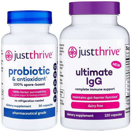 Just Thrive 2-in-1 Digestive Health Bundle - Probiotic & Antioxidant, Ultimate IgG - 100-Percent Spore-Based Probiotics - Immunoglobulin Concentrate for Immune Support - 30-Day Supply - Gluten Free