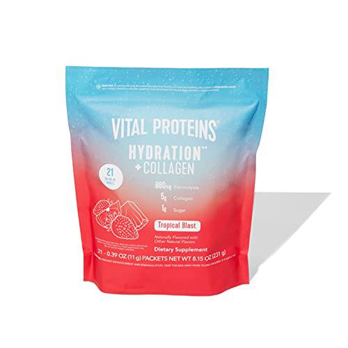 Vital Proteins Hydration + Collagen Powder Packets, Low Sodium Supplement Electrolyte Drink Mix Powder, 1g Functional Sugar, 880mg Electrolytes, 100% DV Vitamin C - Tropical Blast, 21 Count