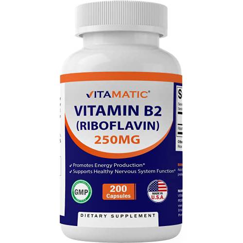Vitamatic Vitamin B2 (Riboflavin) 250 mg 200 Capsules - Support Cellular Energy and Red Blood Cell Production