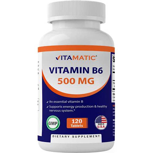 Vitamatic Vitamin B6 (Pyridoxine HCI), 500 mg 120 Vegetarian Tablets - Promotes Energy Production, boosts Metabolism and Immune Health Support