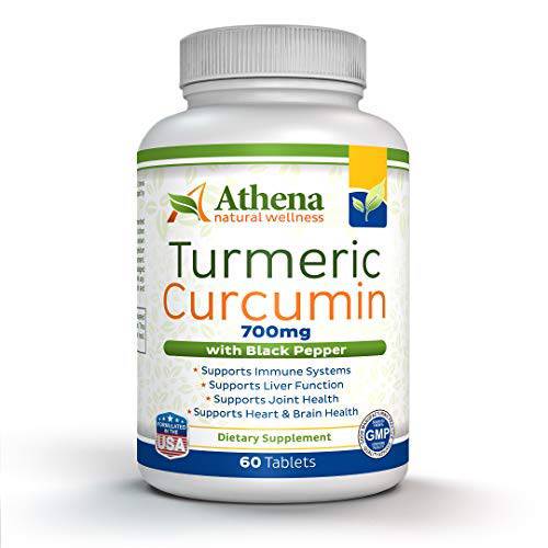 Athena - Turmeric Curcumin with Black Pepper (bioperine) Supplement - Organic Ingredients - Non GMO - Suitable for Vegetarians - 60 Tablets