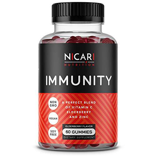 Nicari Nutrition - Immunity | Elderberry Immune Support Gummies with Vitamin C & Zinc - 60 Count (30 Day Supply) | Vegan, Non-GMO, Gluten Free