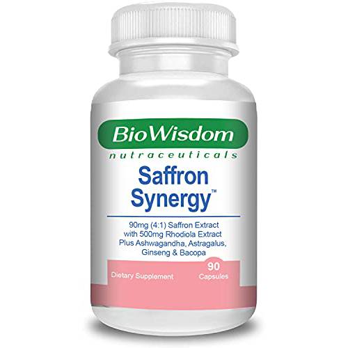 Saffron Synergy Extract 90mg Rhodiola Extract 500mg Best Saffron Supplement, Best Saffron Extract 4:1, Saffron Capsules, Saffron Pills, Complete Mind-Body Support with Rhodiola and Adaptogen Herbs