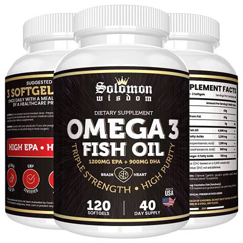 Solomon Wisdom Omega 3 Fish Oil - Dietary Supplement for Healthy Heart & Brain - 120 Soft Gel Capsules with High EPA 1200mg & DHA 900mg - Burpless, Odorless with Natural Lemon Flavor - Made in the USA
