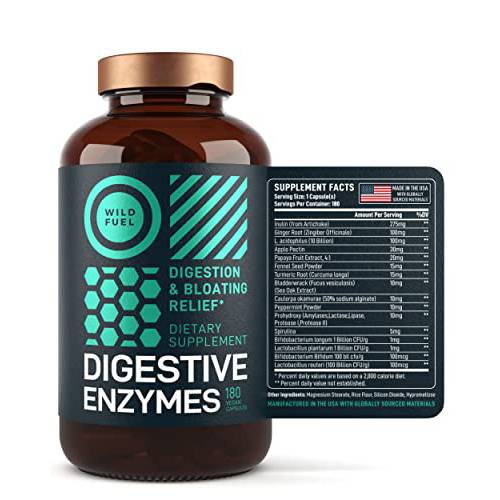 Digestive Enzymes Probiotic and Prebiotic - Wild Fuel Gut Health Supplements Plus Bioactives Artichoke, Ginger, Turmeric – Probiotics for Digestive Health and Bloating Relief - 180 Vegan Capsules