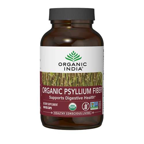 Organic India Psyllium Herbal Powder - Whole Husk Fiber, Healthy Elimination, Keto Friendly, Vegan, Gluten-Free, USDA Certified Organic, Non-GMO, Soluble & Insoluble Fiber Source - 180 Capsules