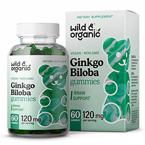 Wild & Organic Ginkgo Biloba Gummies - Brain Supplement & Mental Support Gummy for Better Mood & Focus - Energy Booster & Blood Circulation Herbal Supplements - Vegan Non-GMO - 120mg, 60 Chews