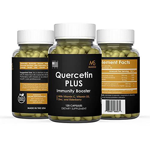 Premium Quercetin Immunity Booster | 1200mg of Immunity Support per Serving with Zinc, Elderberry, Vitamin C and Vitamin D3 by Masole (120 Capsules)