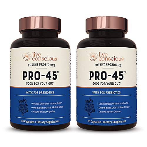 Live Conscious PRO45: Probiotic Formula, 45 Billion CFU, 11 Comprehensive strains. Dairy Free. Delayed Release Veggie caps. Promotes Immune and Digestive Health. 60 Capsules (2-Pack)