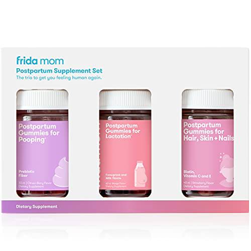 Frida Mom Postpartum Supplement Set | Postpartum Gummies for Pooping, Postpartum Gummies for Hair, Skin + Nails, Postpartum Gummies for Lactation | 3 Piece Set | Breastfeeding Set for New Moms