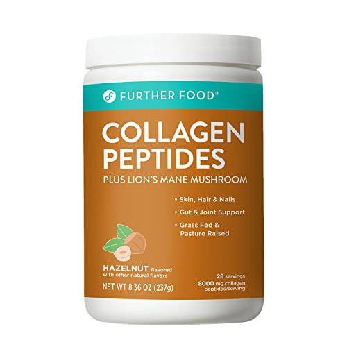 Further Food Collagen Peptide Powder Hazelnut Blend with Lion’s Mane Mushroom, Grass-Fed Hydrolyzed Type 1 & 3 Protein, Gut Health + Joint, Hair, Skin, Nails, Paleo Keto Sugar-Free (28 Servings)