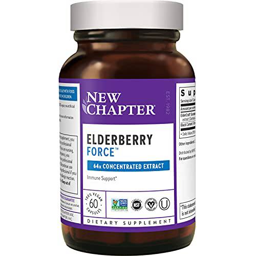 New Chapter Vegan Elderberry Capsules, Elderberry Force, with 64x Concentrated Black Elderberry + Black Currant for Immune Support, No Added Sugar, Gluten Free- 60 Count