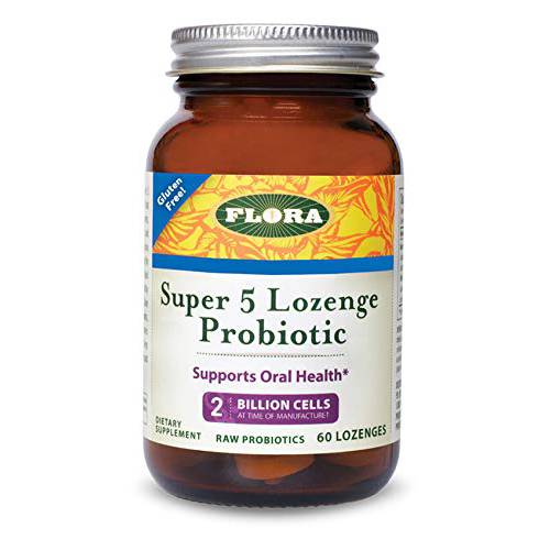 Flora - Super 5 Lozenge Probiotic, Raspberry Flavored Oral Probiotic, Good for Bad Breath, Five Strains with 2 Billion CFU, Regain and Retain Gut Health, RAW, 60 Lozenges