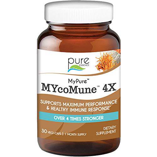 MYcoMune 4X Organic Mushroom Supplement - Reishi, Lion’s Mane, Cordyceps, Chaga, Shiitake, Maitake for Immune System, Combat Stress, Build Energy by Pure Essence - 30 Caps