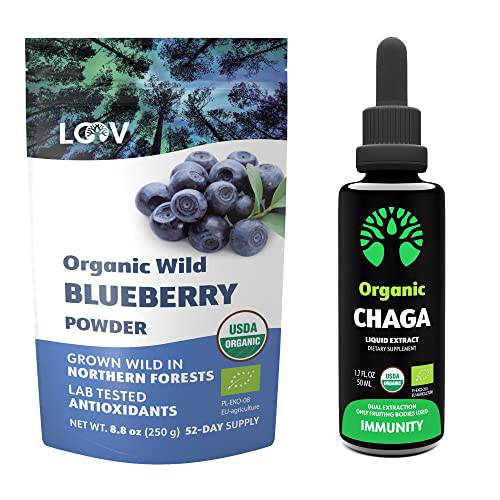 Bundle – 2 Items: LOOV Organic Wild Blueberry Powder and Organic Chaga Mushroom Extract Tincture