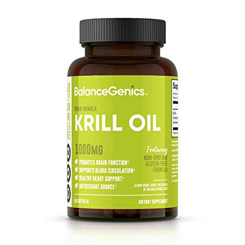 BalanceGenics Krill Oil (1000mg) | Omega-3 EPA, DHA, Contains Naturally Occurring Astaxanthin Antioxidant, Promotes Optimal Brain Function, 60 Softgels
