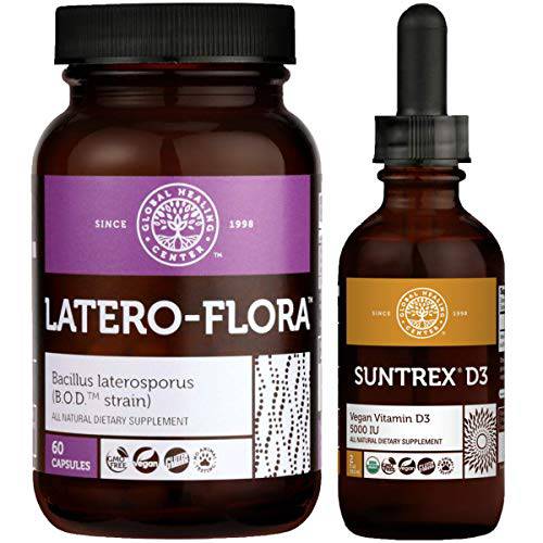 Global Healing Latero-Flora & Vitamin D3 - Vegan Probiotic Supports Candida Cleanse & Strengthens Gut and Organic Liquid Supplement Drops for Healthy Bones, Joints, and Mood - 60 Capsules & 2 Fl Oz