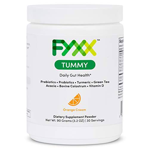 FYXX Tummy - Daily Gut Health with Prebiotics, Probiotics, Turmeric, Green Tea Bovine Colostrum, Vitamin D & Acacia. Natural Orange Cream Flavor. 30 Servings.