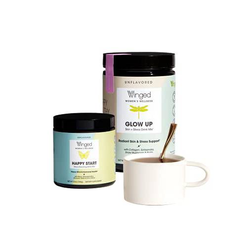 Winged Morning Coffee Bundle | Glow Up Collagen Powder & Happy Start Mushroom Powder | Mood Boost & Stress Relief