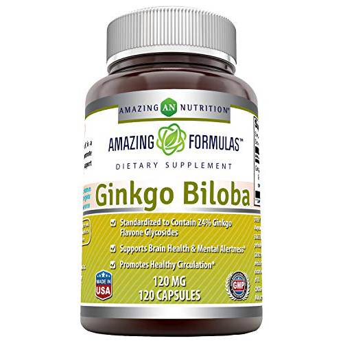 Amazing Formulas Ginkgo Biloba - 120 Mg 120 Capsules - Standarized to Contain 24% Ginkgo Flavone Glycosides - Supports Brain Health & Mental Alertness - Promotes Healthy Circulation.