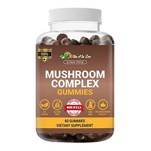 Vita A to Zee Mushroom Complex Gummies - 60 Count | 2500 MG | Maitake Mushroom, Shiitake Mushroom, Lions Mane Mushroom and More | Nourish Brain, Energy & Immune Support | Gluten Free, GMO Free, Vegan