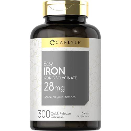 Easy Iron | 28 mg | 300 Capsules | Non-GMO and Gluten Free Gentle On Your Stomach Formula | Gentle Iron Supplement | Iron Bisglycinate | by Carlyle
