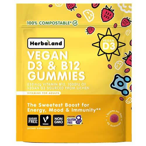 Herbaland - Vegan Vitamin D3 B12 Gummies, Vitamins for Immune System, Energy and Mood, Sugar-Free, Rich in Vitamin D and Vitamin B12, Raspberry Flavor, 2.2 Grams, Refillable Pouch
