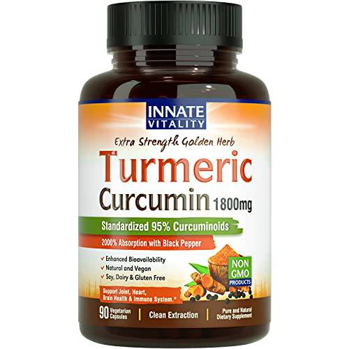 Innate Vitality Turmeric Curcumin with Black Pepper, 1800mg, Organic Turmeric Curcumin Supplement, 95% Curcuminoids, Joint, Antioxidant & Anti-inflammatory Support, Non-GMO No Gluten, 90 Vegan Caps