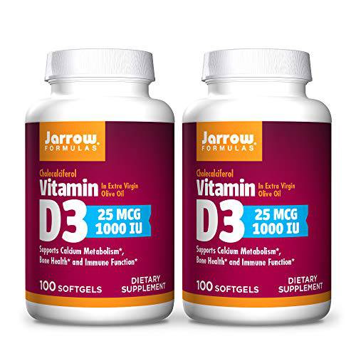 Jarrow Formulas Vitamin D3 1000 IU - 100 Softgels, Pack of 2 - Bone Health, Immune Function & Calcium Metabolism Support - 200 Total Servings