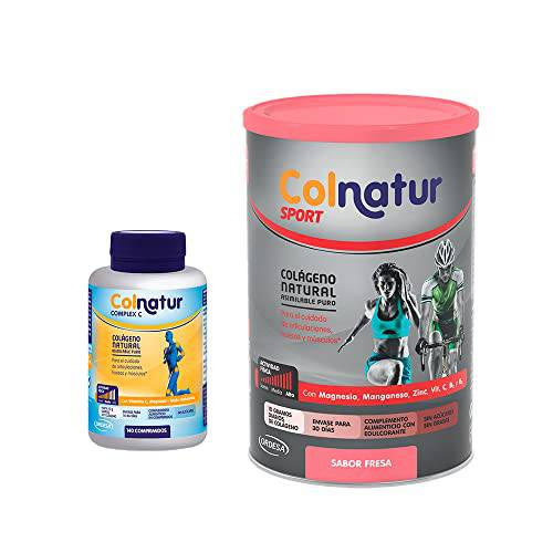 COLNATUR Combo Complex C Natural Collagen 140 Tablets + Sport Hydrolyzed Collagen Strawberry Flavor 351g - Spanish Health Care – Body Care - Supplement Food - Magnesium Zinc and Vitamins - Bundle