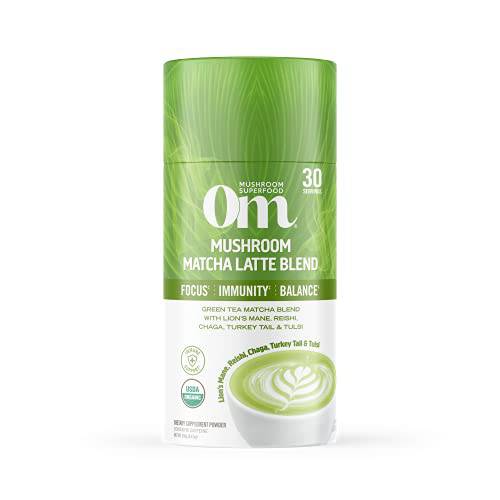 Om Mushroom Superfood Matcha Latte Blend Mushroom Powder, 8.47 Ounce Canister, 30 Servings, Green Tea, Lion’s Mane, Reishi, Chaga, Turkey Tail, Focus & Stress Support Supplement