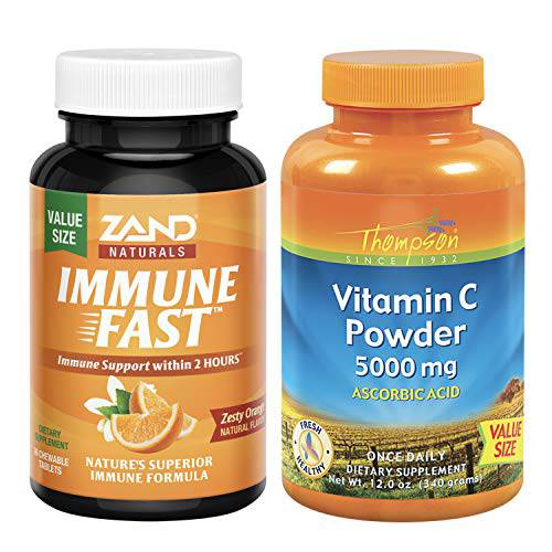 Thompson Vitamin C Powder 5000 mg & Zand Immune Fast Zesty Orange Bundle | Healthy Immune System Support | 12oz, 36 Chews
