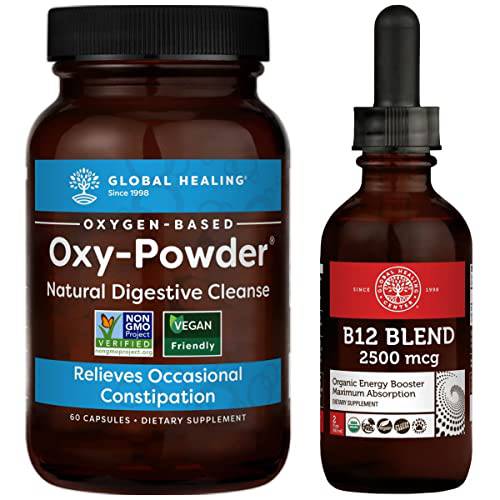 Global Healing Oxy-Powder & B12 Blend Kit - Natural, Oxygen Based Colon Cleanser of Intestinal Tract & Organic Sublingual B12 Vitamin Supplement Drops for Energy, Mood, Heart - 60 Capsules & 2 Fl Oz