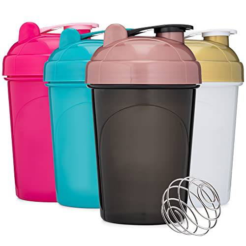 GOMOYO [4 Pack] 20-Ounce Shaker Bottle | Protein Shaker Cup 4-Pack with Wire Whisk Balls (Black/Rose, Pink, Teal, White/Gold)| Protein Shaker Bottle Set is BPA Free and Dishwasher Safe