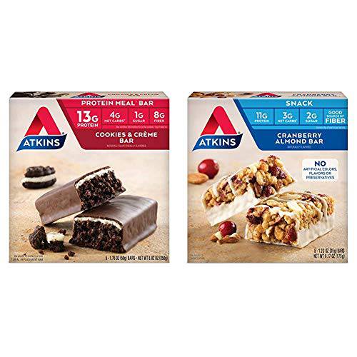 Atkins Protein Meal Bar, Cookies & Crème, Keto Friendly, 5 Count & Atkins Snack Bar, Cranberry Almond, 5 Count