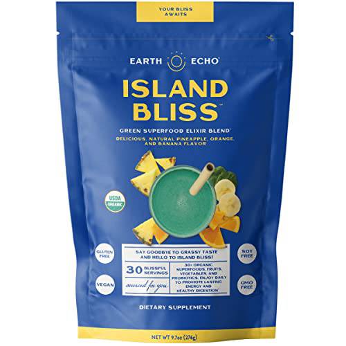 Earth Echo Island Bliss - Green Superfood Energy Drink Powder - 30 Servings - Delicious Tropical Smoothie Mix with Digestive Probiotics for Gut Performance and Immunity Boost Support - No Gluten