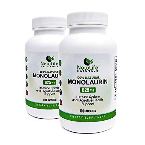 NewLife Naturals Monolaurin Dietary Supplement: 625mg Monolaurin Lauric Acid Sourced from Raw Coconut Oils - Immune System and Digestive Health Support - (Pack of 2 200 Total Capsules)