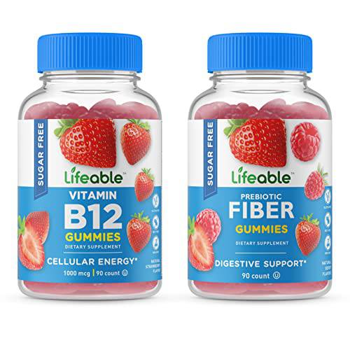 Lifeable Sugar Free Vitamin B12 + Prebiotic Fiber, Gummies Bundle - Great Tasting, Natural Flavor, Vitamin Supplement - Gluten Free, Vegetarian, GMO Free, Chewable