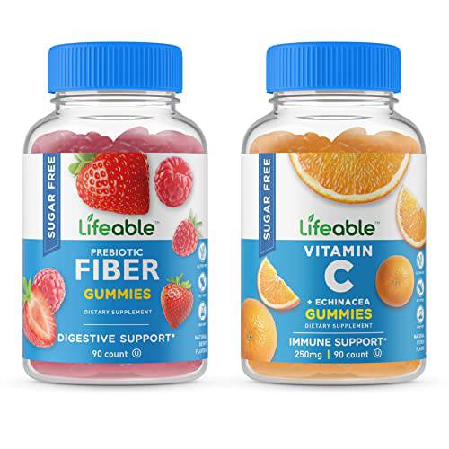 Lifeable Sugar Free Prebiotic Fiber + Vitamin C, Gummies Bundle - Great Tasting, Natural Flavor, Vitamin Supplement - Gluten Free, Vegetarian, GMO Free, Chewable