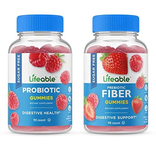 Lifeable Sugar Free Probiotic + Prebiotic Fiber, Gummies Bundle - Great Tasting, Natural Flavor, Vitamin Supplement - Gluten Free, Vegetarian, GMO Free, Chewable