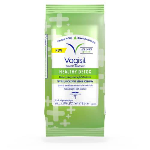 Vagisil Healthy Detox Wipes, for All Over Cleaning, Formulated with Essential Oils, 20 Wipes in a Re-Sealable Pouch