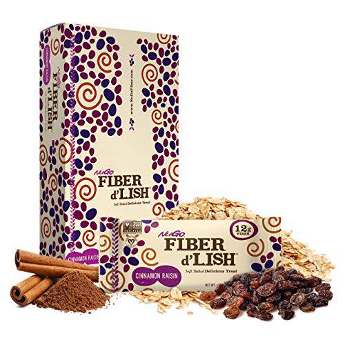 NuGO Fiber d’Lish Cinnamon Raisin, 12g High Fiber, Vegan, 150 Calories, 1.6 Ounce , 16 Count(Pack of 1)