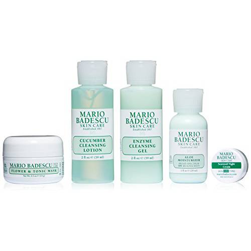 Mario Badescu Combo/Oily Regimen Kit Stocking Stuffers, Christmas Gifts 5 Piece Kit - Enzyme Cleansing Gel, Cucumber Cleansing Lotion, SPF 15 Aloe Moisturizer, Flower & Tonic Mask, Seaweed Night Cream