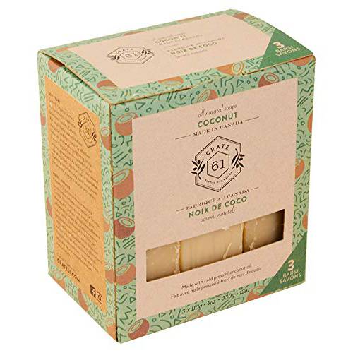 Crate 61, Vegan Natural Bar Soap, Coconut, 3 Pack, Handmade Soap With Premium Essential Oils, Cold Pressed Face And Body Bar Soap For Men And Women (4 oz, 3 Bars) Coconut 3 Pack