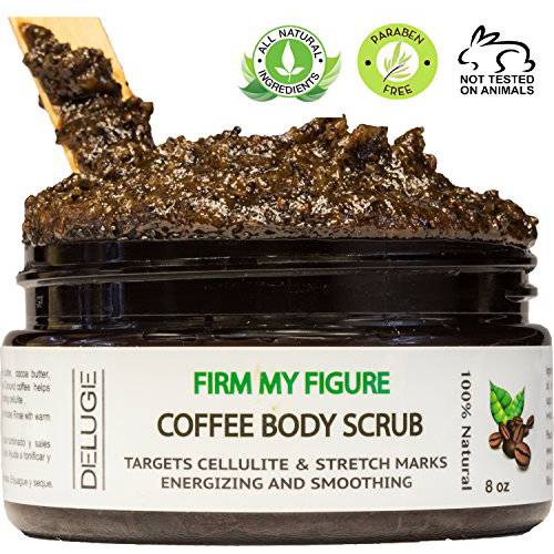 Deluge Coffee Scrub for Cellulite and Stretch Marks, Body Exfoliant and Hydrating Cellulite Treatment with Shea Butter, Coconut Oil and Dead Sea Salt Firms, Tones and Moisturizes Skin (8 oz)